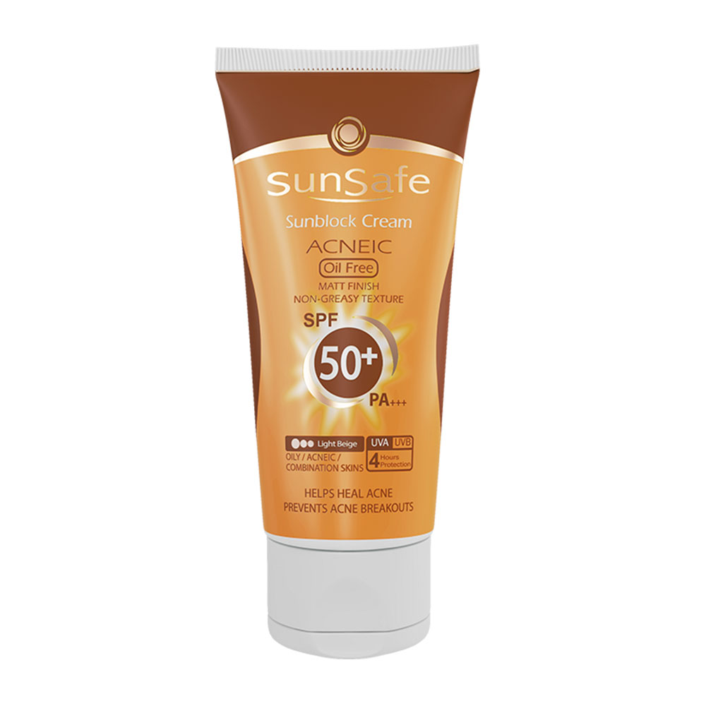 کرم ضدآفتاب spf50 فاقد چربی مناسب برای پوست های چرب و آکنه ای کرم پودری بژ روشن سان سیف  